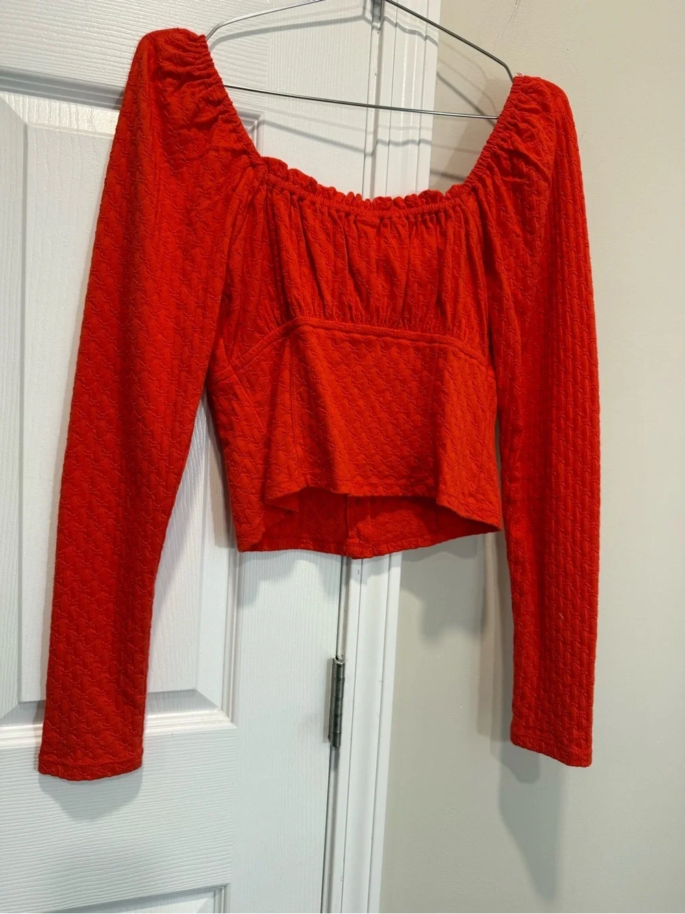Free People Ladybug Long Sleeve Crop Top Red Textured Ruched Boho Size M NWOT
